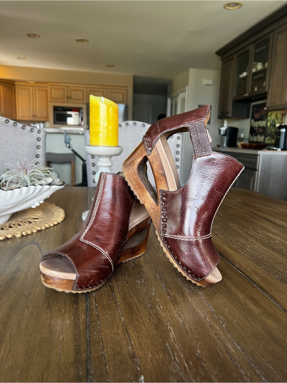 Dansko- Women's Brown Leather Open-Toe Wedge Sandals